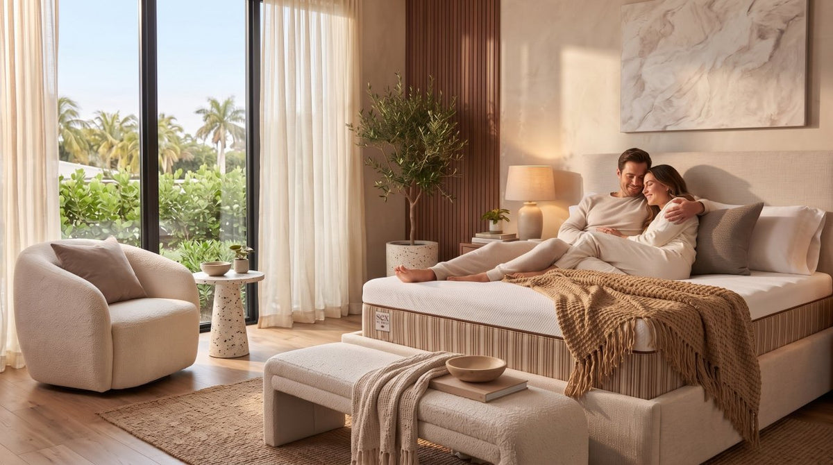 A couple relaxing on the Sex with Emily Mattress by Essentia